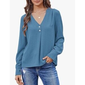 NEW Cnlinkco Women's M Blue Dressy Casual Blouse V Neck Long Sleeve Henley Loose